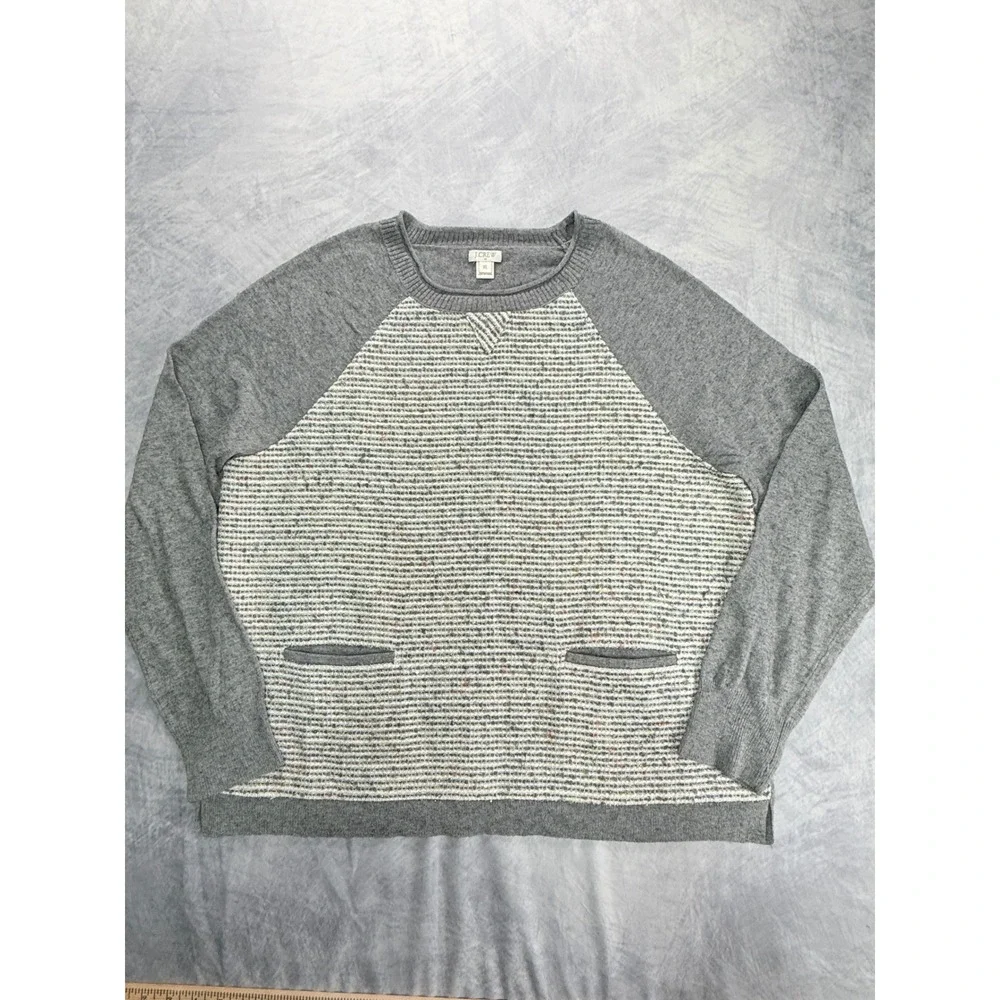 J Crew Womens sz XL Gray Tweed Front Merino Wool‎ Blend Sweater preppy academia